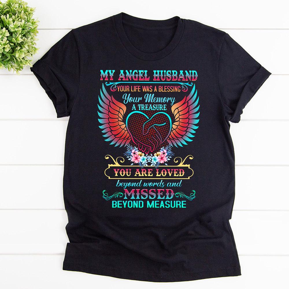 Wings heart my angel husband your memory a treasure holding hand floral T Shirt Black Unisex S-6XL