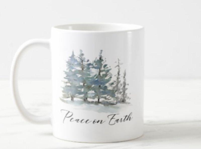 Winter Landscape Peace On Earth Watercolor Mug White Ceramic 11-15oz Coffee Tea Cup